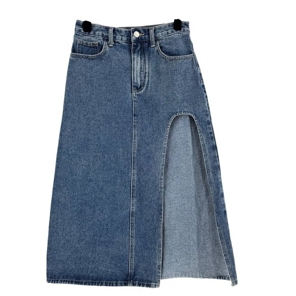 Cider XS Denim Midi Skirt With Front Slit & Pockets - Picture 1 of 9